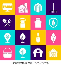 Set Farm house, Corn, Shield corn, Bale of hay, Can container for milk, Shovel and rake, Location farm and  icon. Vector