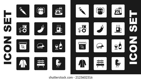 Set Farm house, Eggplant, Tractor, Umbrella, Cup of tea with tea bag, School backpack, Wine bottle glass and Calendar autumn leaves icon. Vector