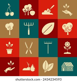 Set Farm house, Flower, Tree with apple, Garden trowel spade or shovel in the ground, rake, Cherry and Leaf icon. Vector