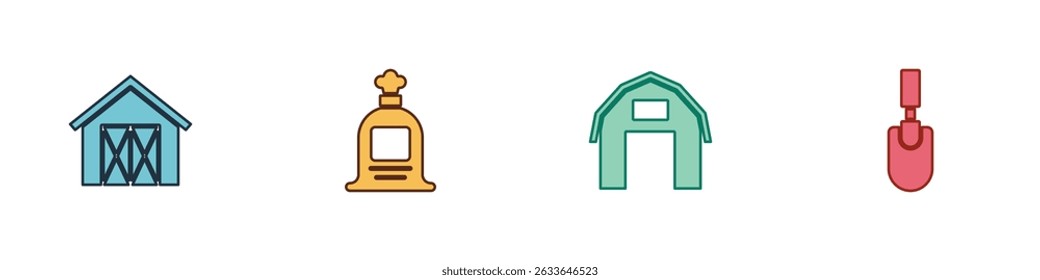 Set Farm house, Full sack,  and Garden trowel spade or shovel icon. Vector