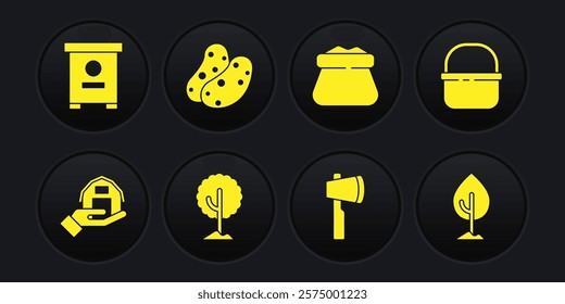 Set Farm house in hand, Basket, Tree, Wooden axe, Full sack, Potato,  and Hive for bees icon. Vector