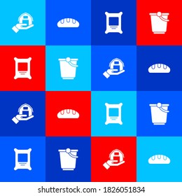 Set Farm house in hand, Bread loaf, Fertilizer bag and Bucket icon. Vector.