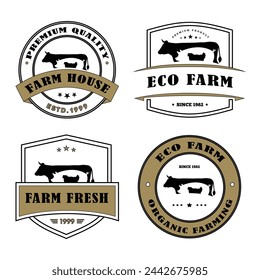 Set of farm house logo design, Beef farm badge, vintage farming logo, Organic Shop emblem Design Template, Business logotype with domestic animals cow chicken pig
