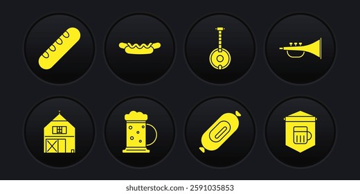 Set Farm House, Musical instrument trumpet, Wooden beer mug, Salami sausage, Banjo, Hotdog sandwich, Signboard with glass of and French baguette bread icon. Vector