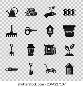 Set Farm house, Plant, Bucket, in hand of environmental, Leaf garden blower, Garden rake, Watering can and Bird icon. Vector