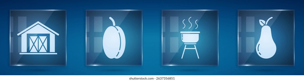 Set Farm house, Plum fruit, Barbecue grill and Pear. Square glass panels. Vector
