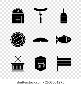 Set Farm House, Sausage on the fork, Beer bottle, Musical drum and sticks, Signboard with glass of beer, National Germany flag, Bottle cap and Homemade pie icon. Vector