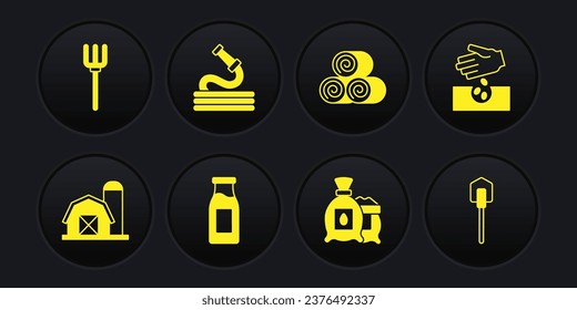 Set Farm house, Seeds, Bottle with milk, Pack full of seeds of plant, Roll hay, Garden hose, Shovel and pitchfork icon. Vector