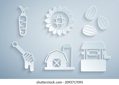 Set Farm house, Seeds, Honey dipper stick, Well, Sunflower and Carrot icon. Vector
