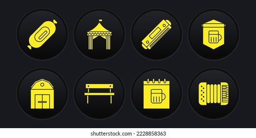 Set Farm House, Signboard with glass of beer, Bench, Saint Patricks day calendar, Harmonica, Camping tent, Accordion and Salami sausage icon. Vector