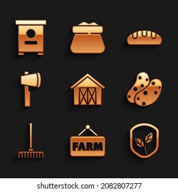 Set Farm house, Signboard with text, Shield leaf, Potato, Garden rake, Wooden axe, Bread loaf and Hive for bees icon. Vector