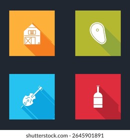 Set Farm House, Steak meat, Violin and Beer bottle icon. Vector