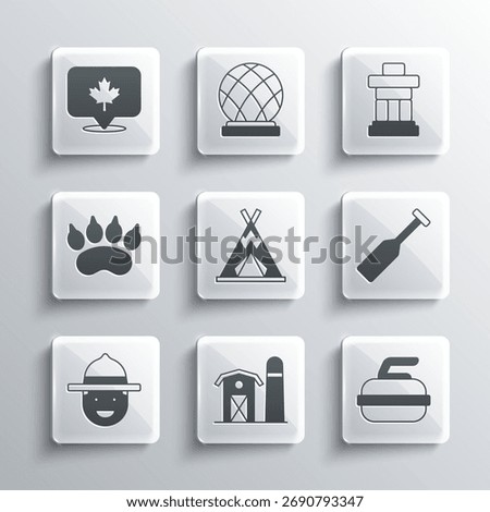 Set Farm house, Stone for curling, Paddle, Indian teepee wigwam, Canadian ranger hat, Bear paw footprint, maple leaf and Inukshuk icon. Vector