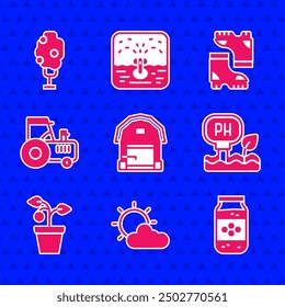 Set Farm house, Sun and cloud weather, Jar of honey, Soil ph testing, Plant pot, Tractor, Waterproof rubber boot and Tree with apple icon. Vector