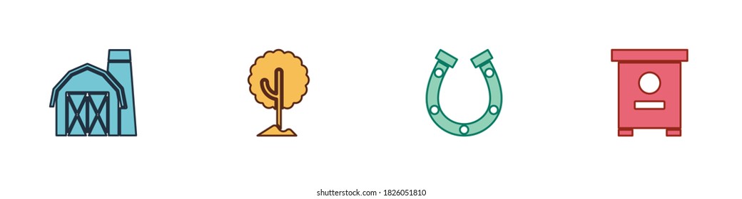 Set Farm house, Tree, Horseshoe and Hive for bees icon. Vector.