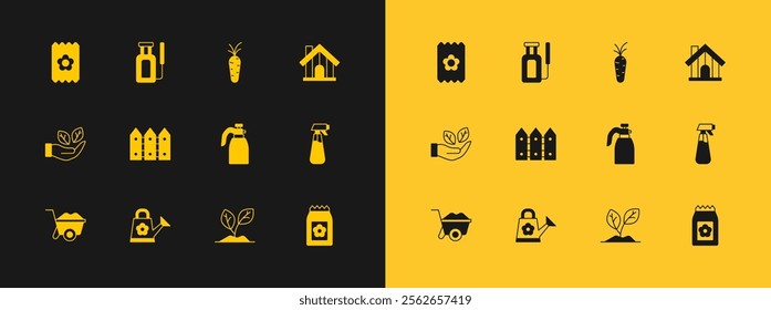 Set Farm house, Watering can, Garden sprayer for water, Sprout, fence wooden, Carrot, Pack full of seeds and  icon. Vector