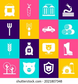 Set Farm house, Waterproof rubber boot, Roll hay, Granary, Garden rake, pitchfork, Bag flour and Pickup truck icon. Vector