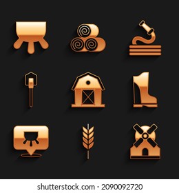 Set Farm house, Wheat, Windmill, Waterproof rubber boot, Udder, Shovel, Garden hose and  icon. Vector