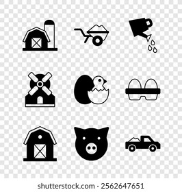 Set Farm house, Wheelbarrow with dirt, Watering can, Pig, Pickup truck, Windmill and Little chick cracked egg icon. Vector