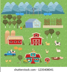 Set of farm houses, greenhouse, barn, house with a mill. Vector illustration in flat cartoon style.