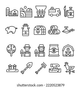 Set Of Farm Icon With Outline Style. Contains such Icons as Farm, Farmer, Milk, Hey Bale, Pig, Etc. 