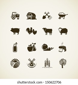 Set Of Farm Icons - Farm Animals, Food And Drink Production, Organic Product, Machinery And Tools On The Farm.