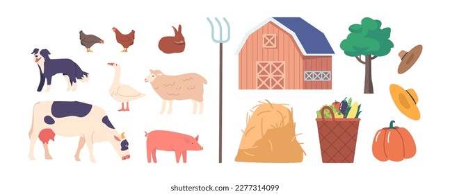 Set of Farm Icons Cow, Pig, Sheep And Chicken, Dog, Pitchfork and Barn. Hay Stack, Basket with Vegetables, Pumpkin, Tree