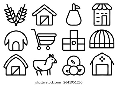 Set of farm icons depicting barns wheat sheep and other agriculture related elements for design