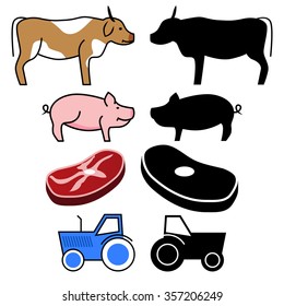 Set of Farm icons. Pig, cow, steak, tractor