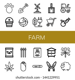 Set of farm icons such as Animal, Fertilizer, Shovel, Duck, Wind turbine, Bio, Wheelbarrow, Tractor, Gmo, Seed bag, Weed, Asparagus, Corn, Mint, Beehive, Rabbit, Sheep , farm