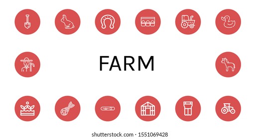 Set of farm icons. Such as Shovel, Rabbit, Horseshoe, Egg carton, Tractor, Duck, Crops, Gmo, Mint, Greenhouse, Planter, Farmer, Horse , farm icons