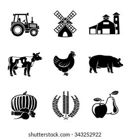 Set of Farm icons - tractor, wind mill, barn, cow, chicken, pig, vegetables, wheat, fruits. Vector