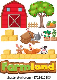 Set of farm items and many animals illustration