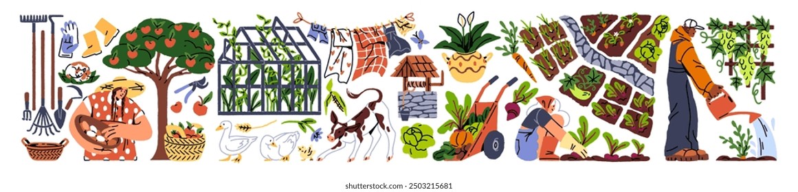 Set of farm items. Well, wheelbarrow with harvest, crop, agriculture animals in country. Rural workers, farmers work at garden beds in village. Flat isolated hand drawn vector illustrations on white