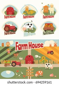 Set of Farm Labels and Elements in Retro Style and Farm Household and Farmer Agriculture Poster. Vector Illustration