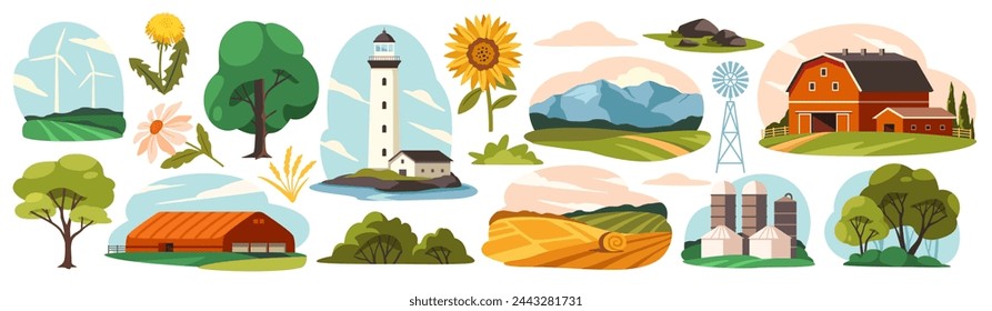 Set of Farm Landscape Elements. Natural village scenery with barns, agricultural field, tree, mountain and windmill. Stickers for poster. Cartoon flat vector collection isolated on white background