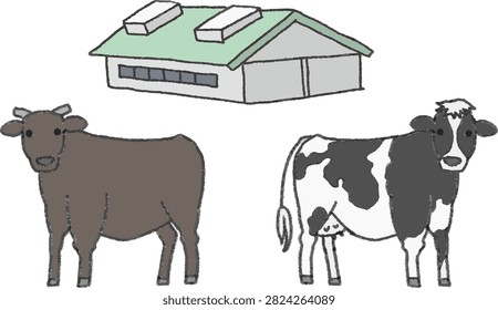 Set of farm life: brown beef cattle, black and white dairy cow (Holstein), and a barn (cowshed). Warm hand-drawn style, full color vector illustration isolated on white background.