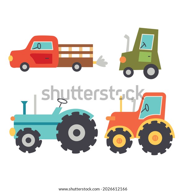 Set farm machines tractors. Rural transport.\
Vector hand draw clipart