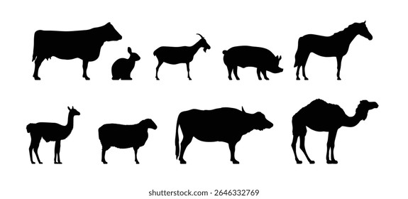 Set of farm mammal animal silhouettes vector