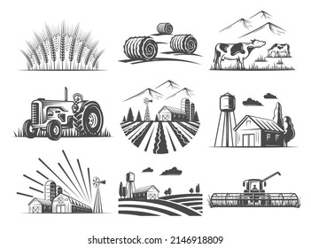 Conjunto de elementos del mercado agrícola aislados en el fondo blanco. Imágenes de la agricultura rural y paisajística. Ilustración del vector