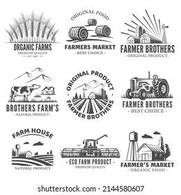 Set of farm market labels isolated on white background. Village and landscape agriculture emblems. Vector illustration