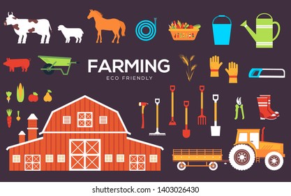 Set of farm objects and characters. Agricultural building, animals, grains, vegetables, tools, equipment. Livestock and crop growing vector illustration. Eco friendly concept for web and infographic.