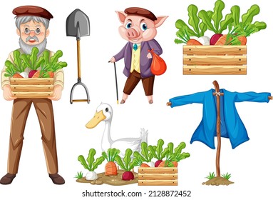 Set of farm objects and farmer cartoon character illustration