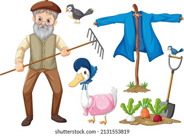 Set of farm objects and farmer cartoon character illustration