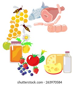 set of farm production products: cheese honey fruit vegetable