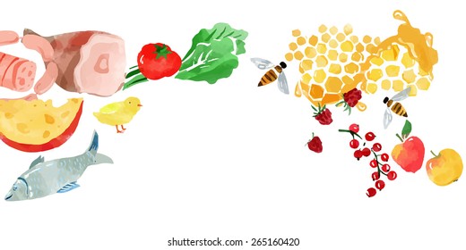 set of farm production products: cheese honey fruit vegetable