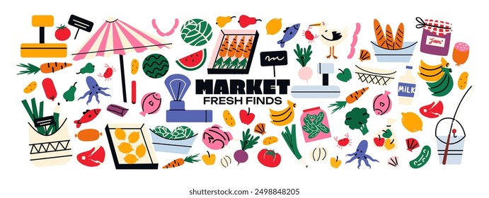 Set of farm products from the market. Fruits, vegetables, meat, fish from street stalls and fairs. Natural home-made organic ingredients from the garden. Food stickers