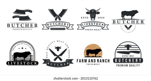 set of farm ranch and livestock logo vintage illustration template icon design. bundle collection and various knife cow buffalo crossed knife logo concept for butcher or butchery business label emblem