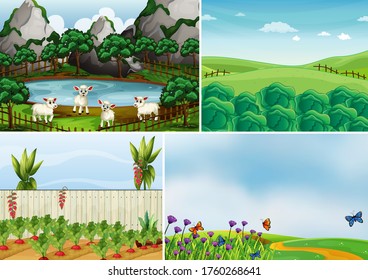 Set of farm scene cartoon style illustration