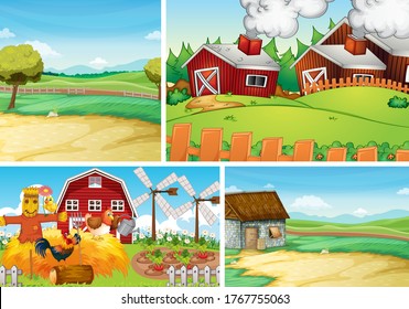 Set of farm scene cartoon style illustration